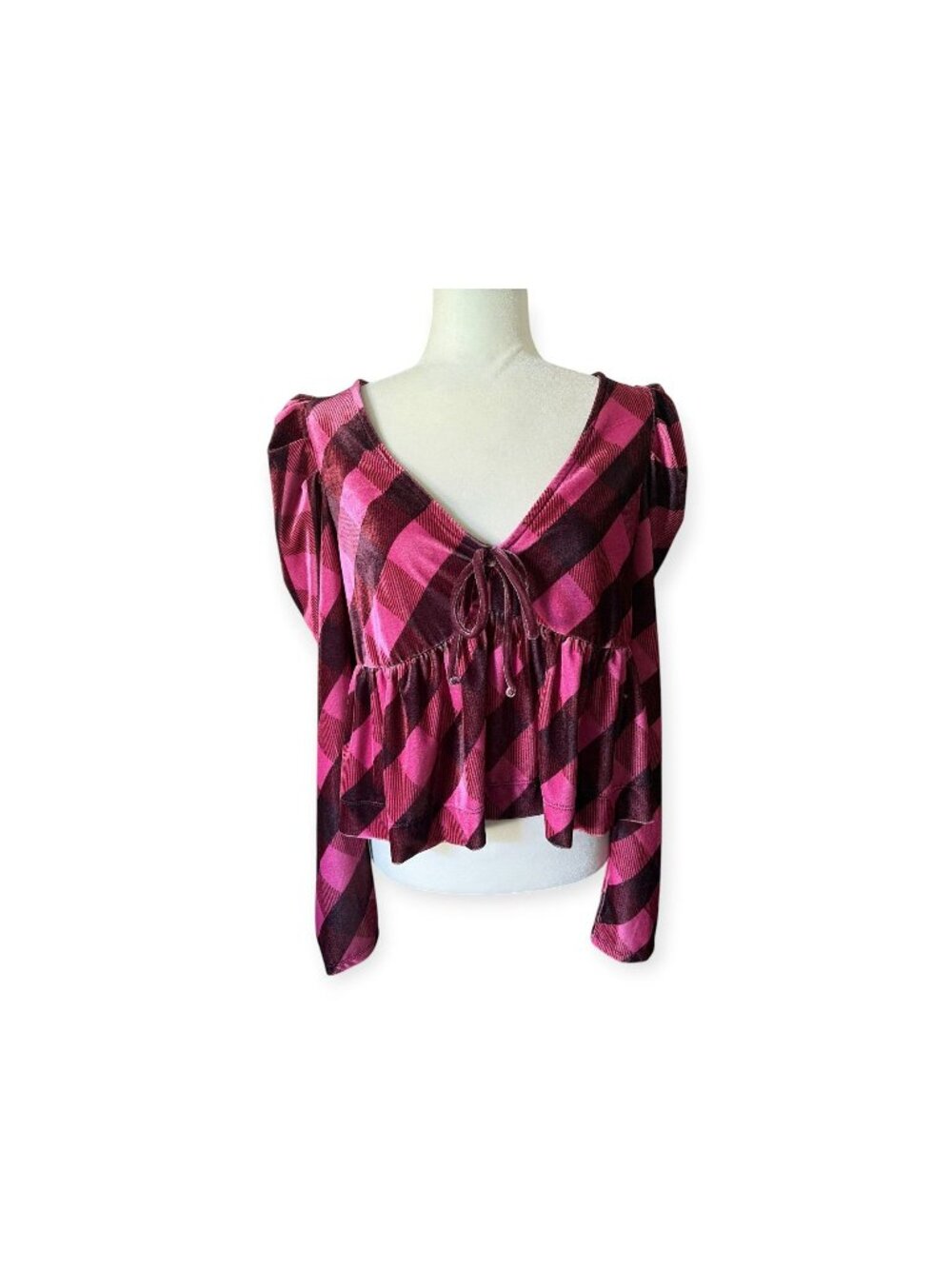 Anthropologie Maeve Velvet Plaid Babydoll Blouse Pink Goth Whimsygoth Grunge L